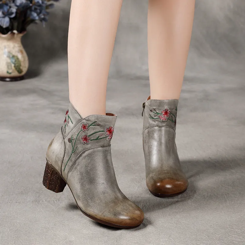 Women's Genuine Leather 40mm Heel Short Boots With Embroidery Flowers in Grey