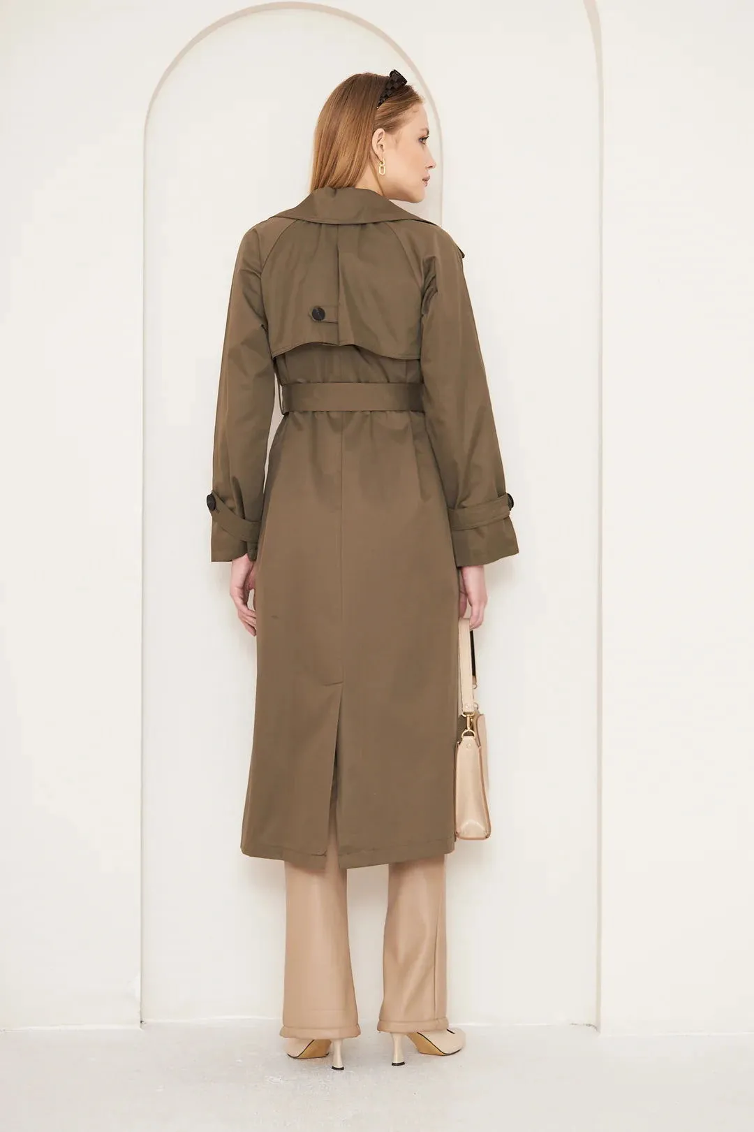 Women's Long Trench Coat with Button Detail - Khaki - SCB-W12398