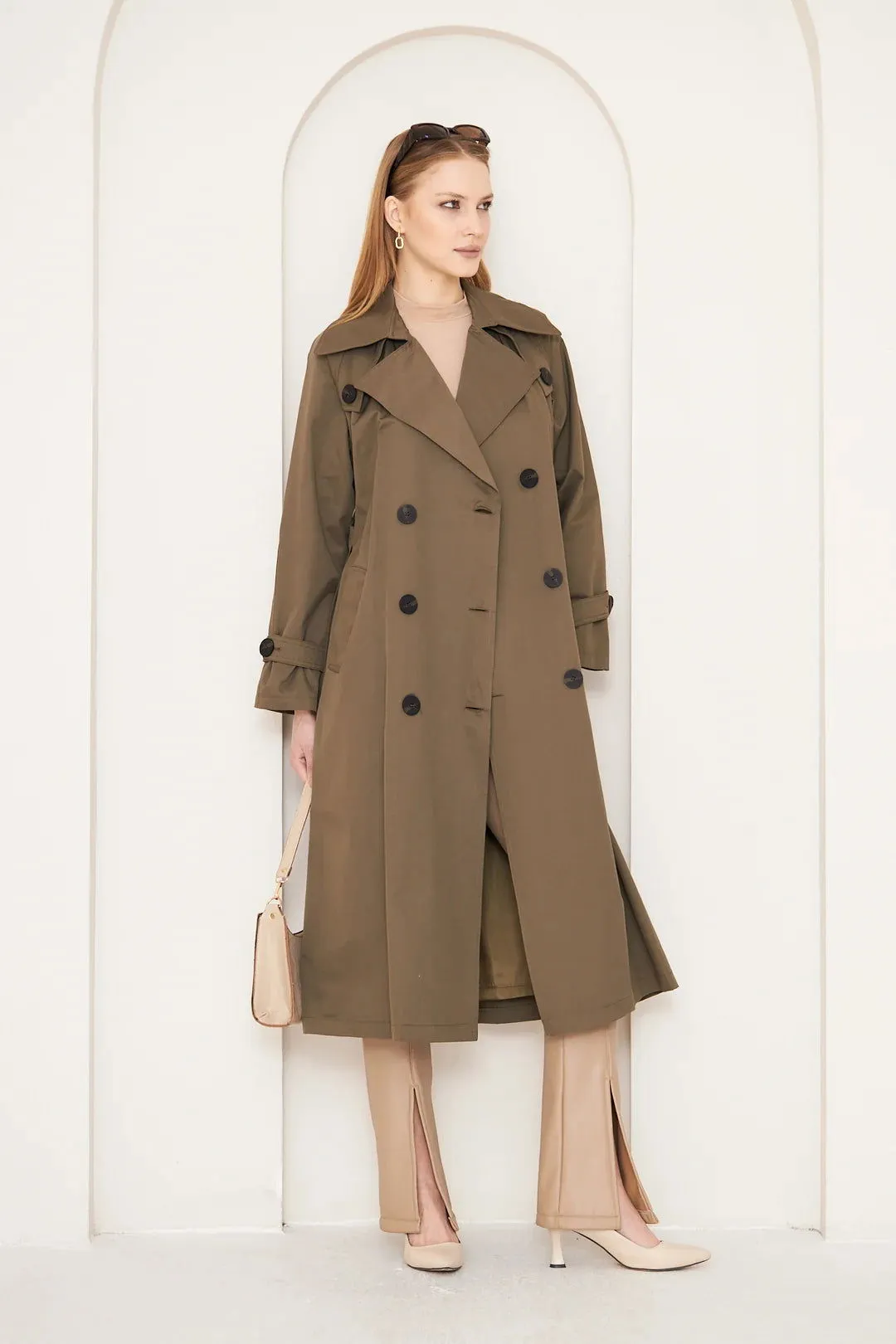 Women's Long Trench Coat with Button Detail - Khaki - SCB-W12398