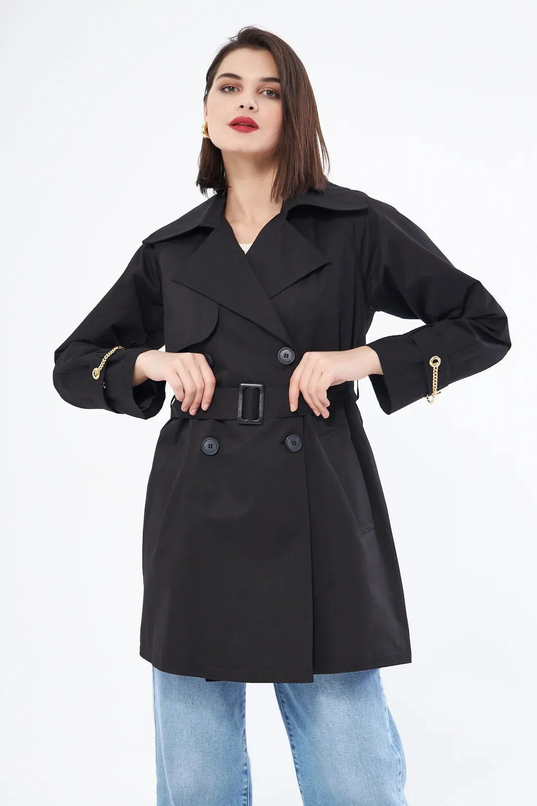 Women's Short Trench Coat with Chain Detail - Black - SCB-W12405