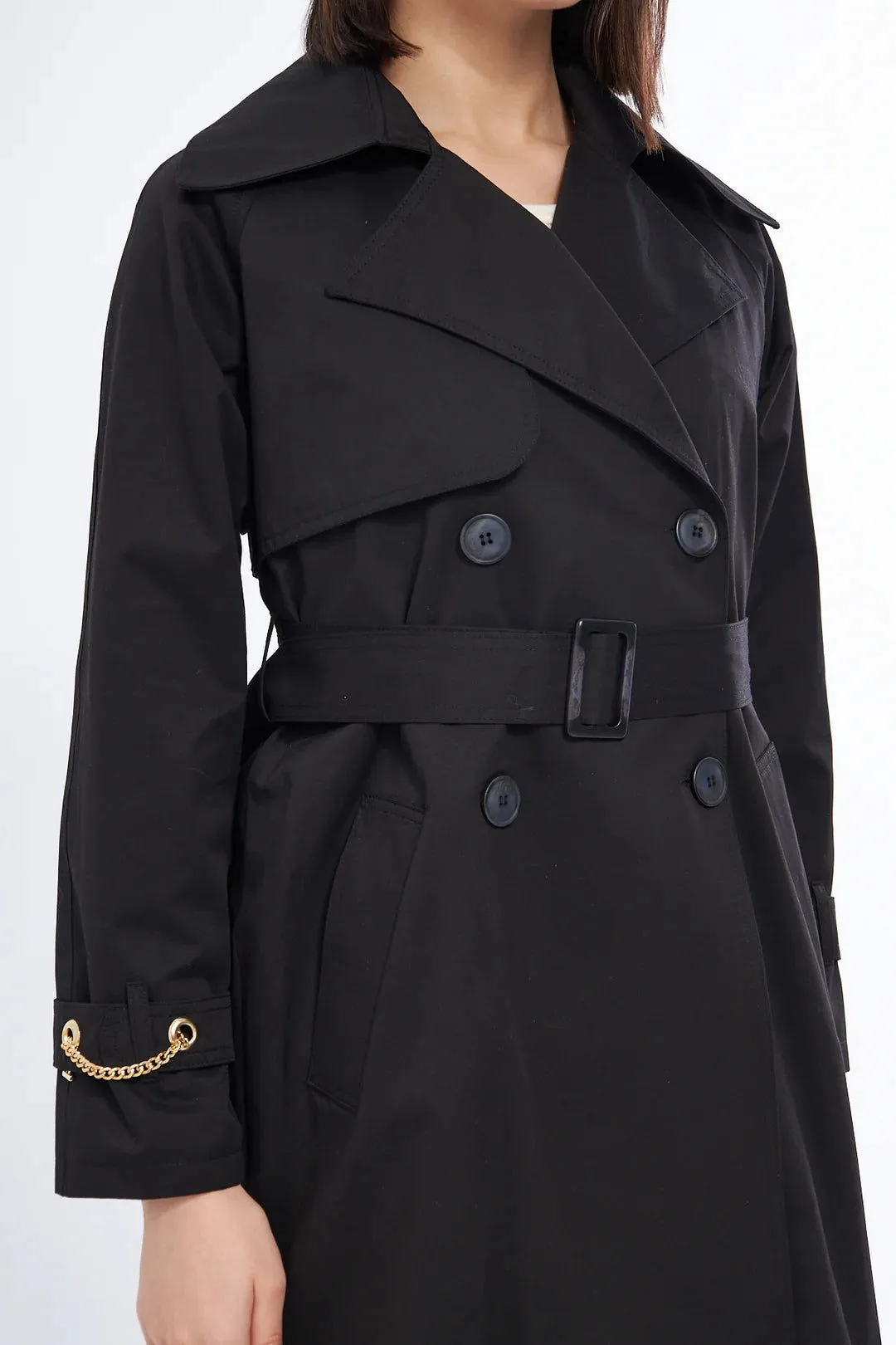 Women's Short Trench Coat with Chain Detail - Black - SCB-W12405