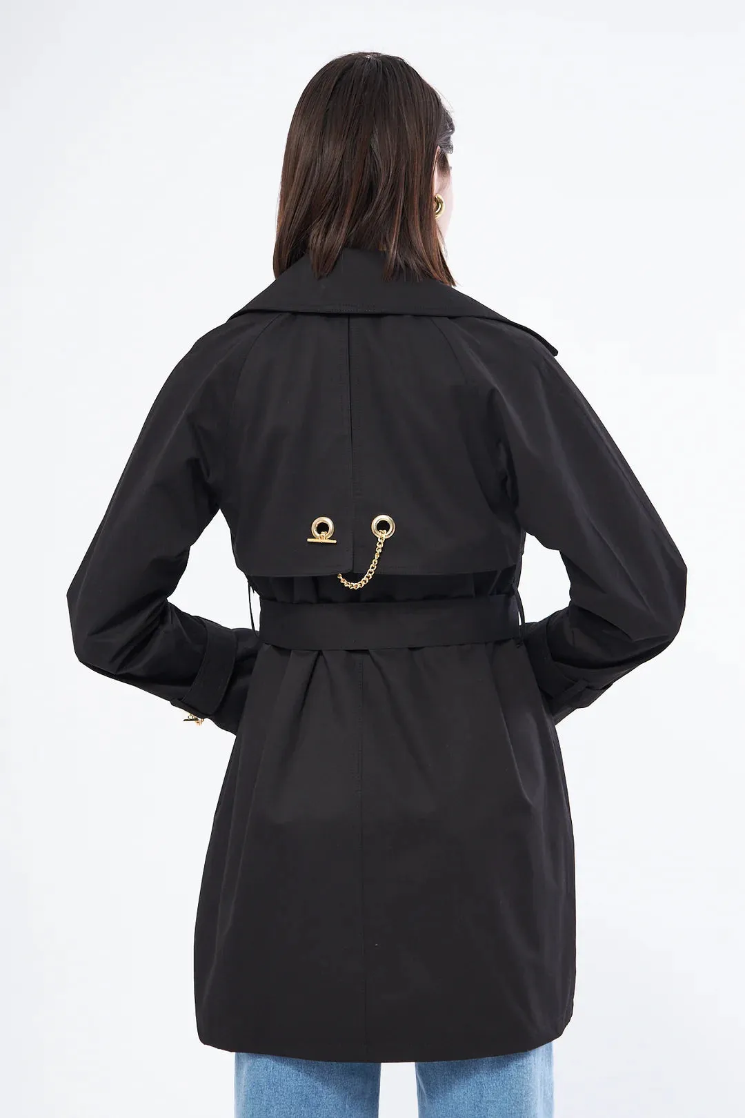 Women's Short Trench Coat with Chain Detail - Black - SCB-W12405