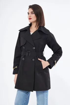 Women's Short Trench Coat with Chain Detail - Black - SCB-W12405