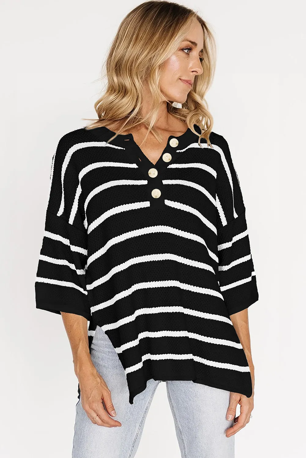 Womens Striped Button Down V Neck Sweaters Tops