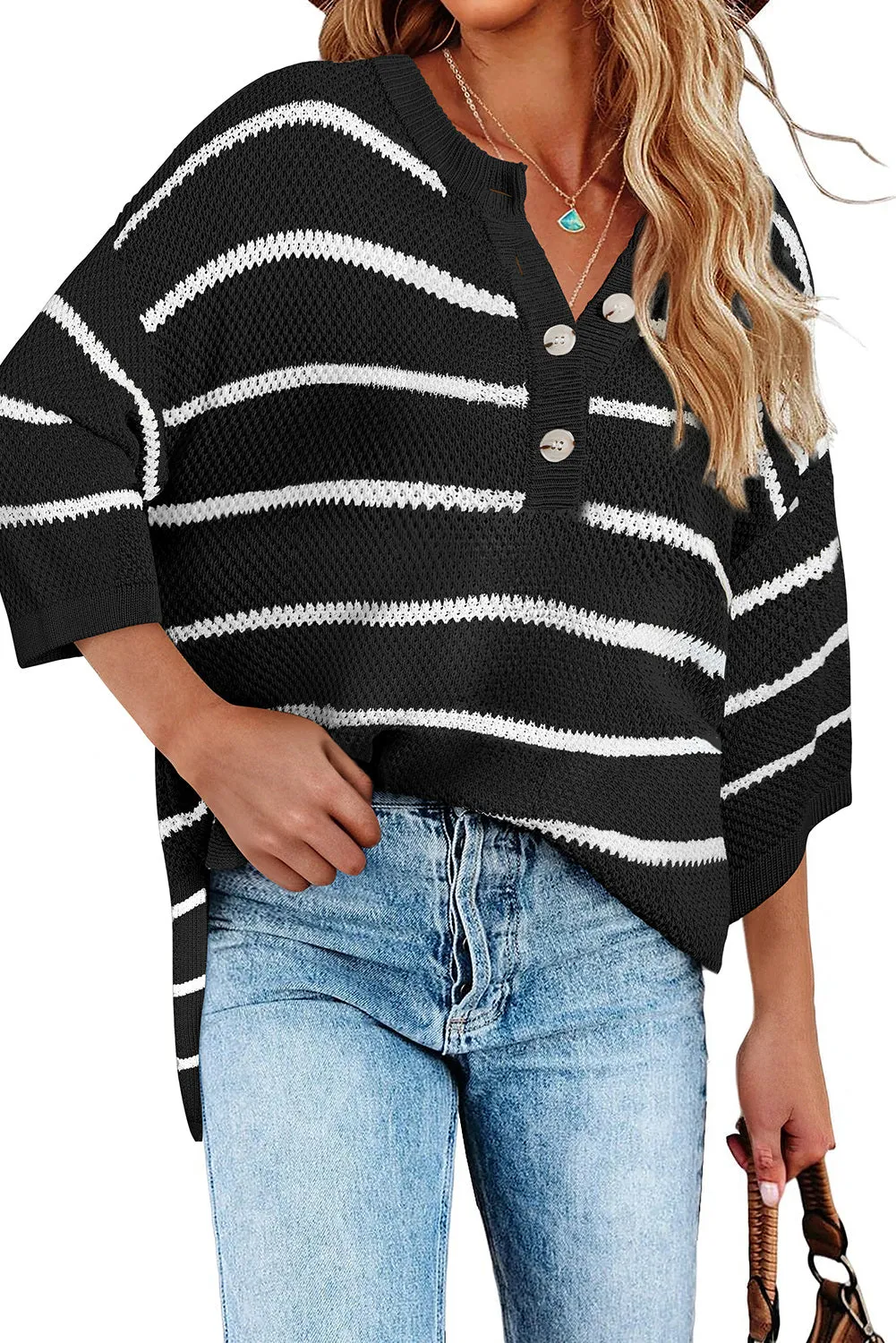 Womens Striped Button Down V Neck Sweaters Tops