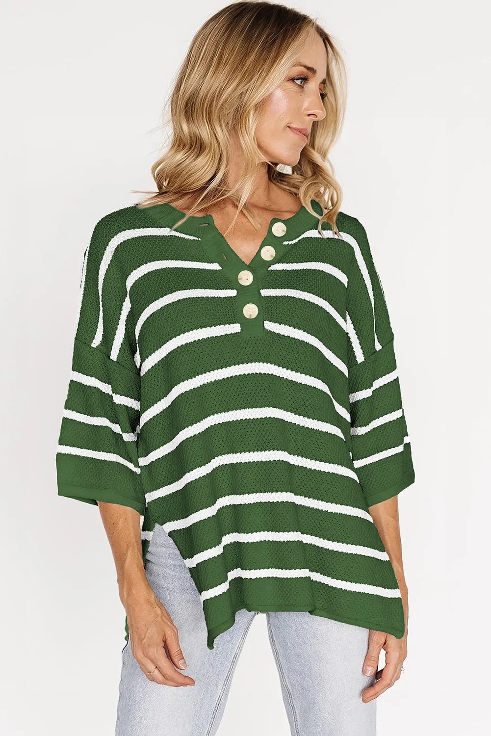 Womens Striped Button Down V Neck Sweaters Tops