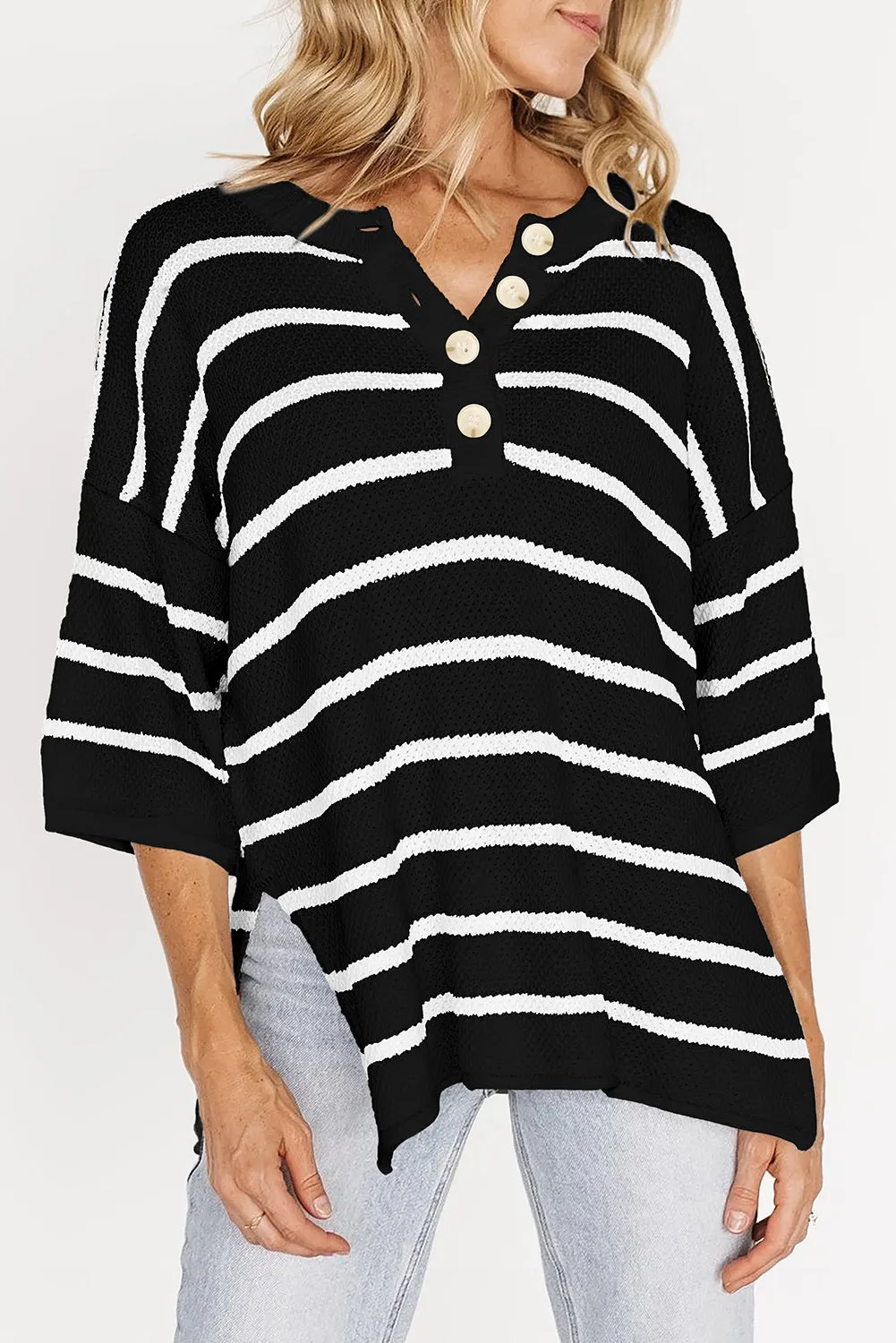 Womens Striped Button Down V Neck Sweaters Tops