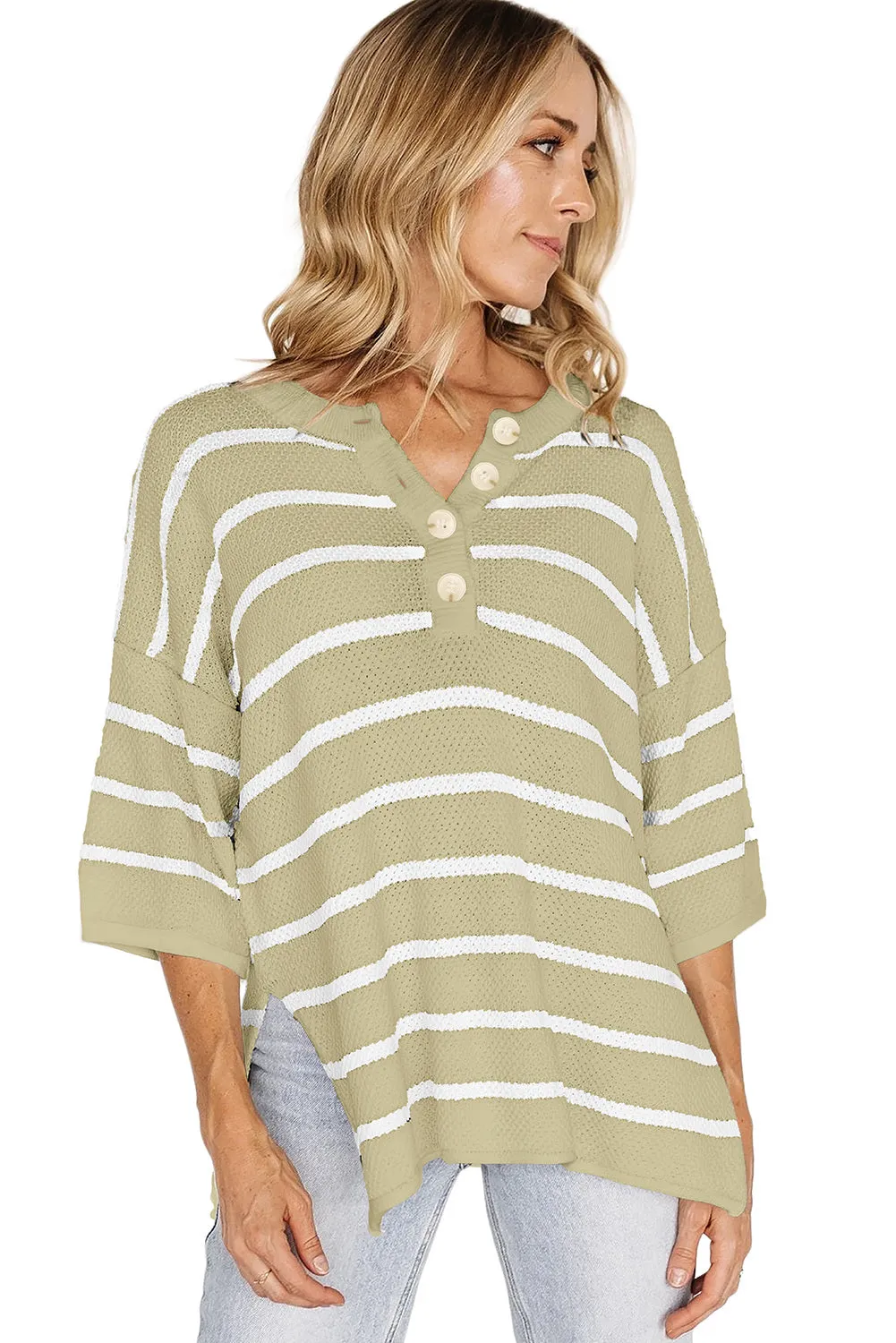 Womens Striped Button Down V Neck Sweaters Tops