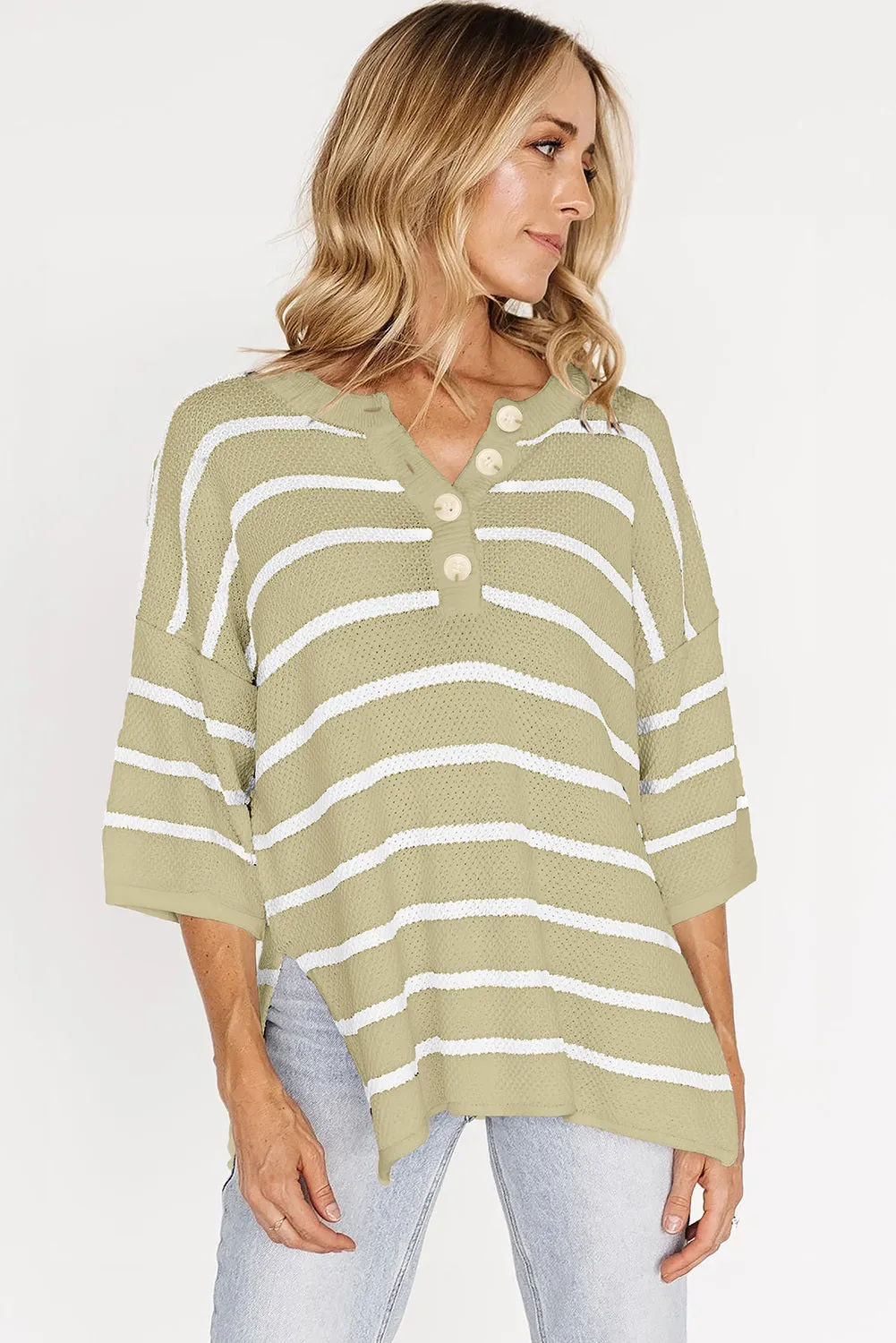 Womens Striped Button Down V Neck Sweaters Tops