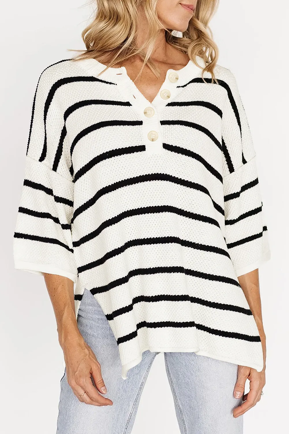 Womens Striped Button Down V Neck Sweaters Tops