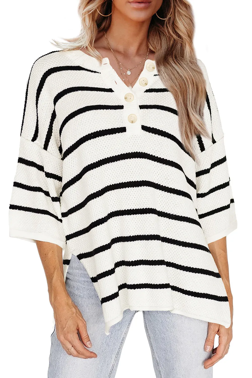 Womens Striped Button Down V Neck Sweaters Tops