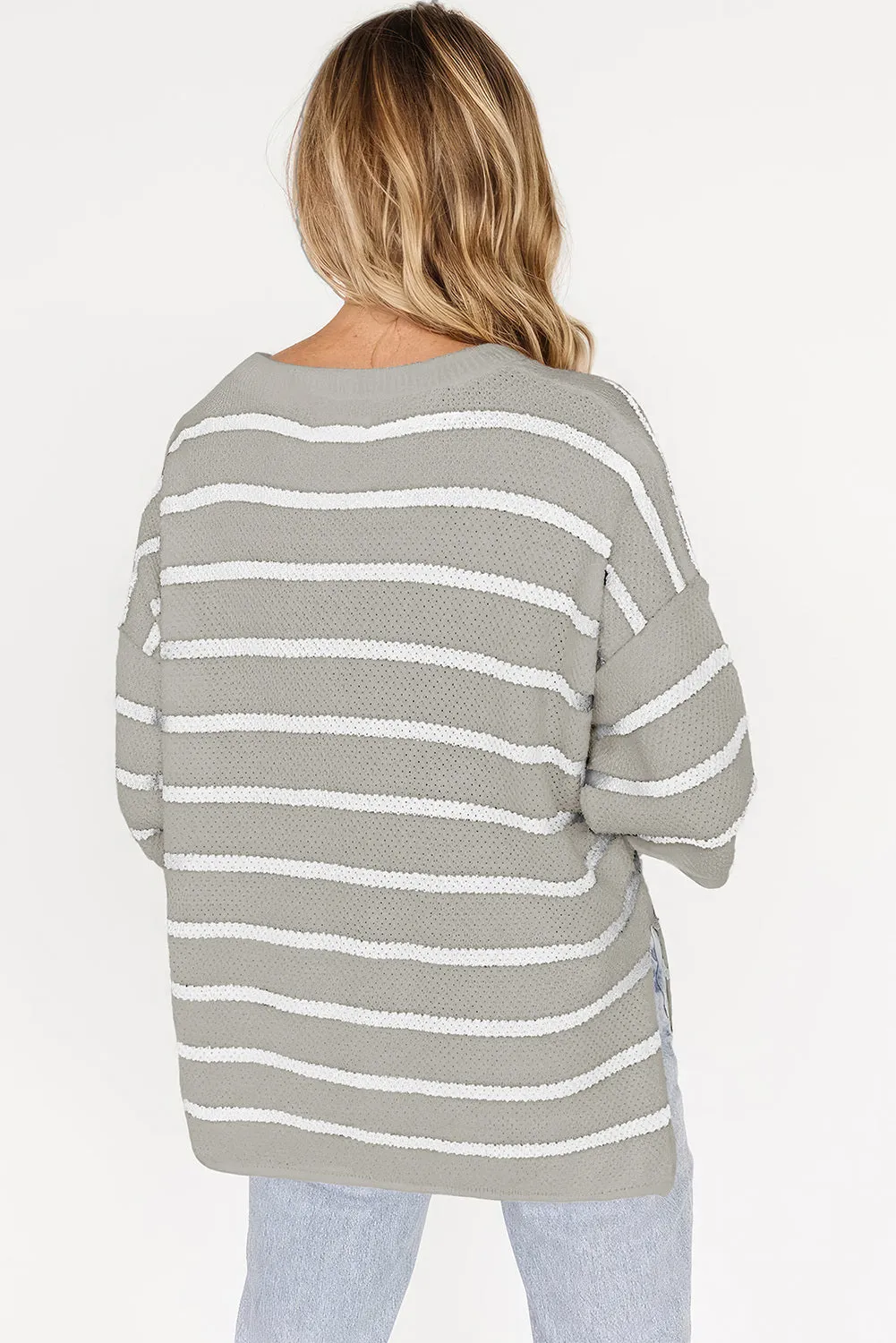 Womens Striped Button Down V Neck Sweaters Tops