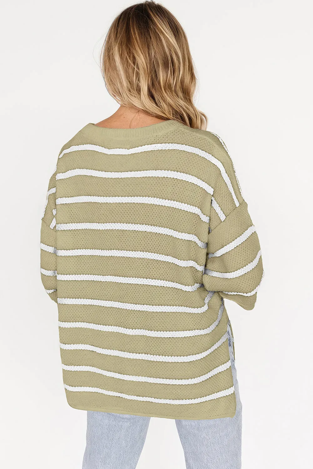 Womens Striped Button Down V Neck Sweaters Tops