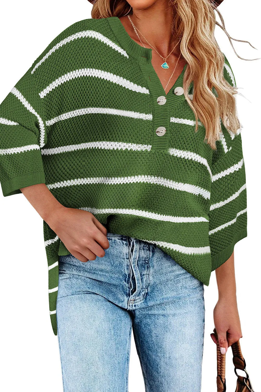 Womens Striped Button Down V Neck Sweaters Tops