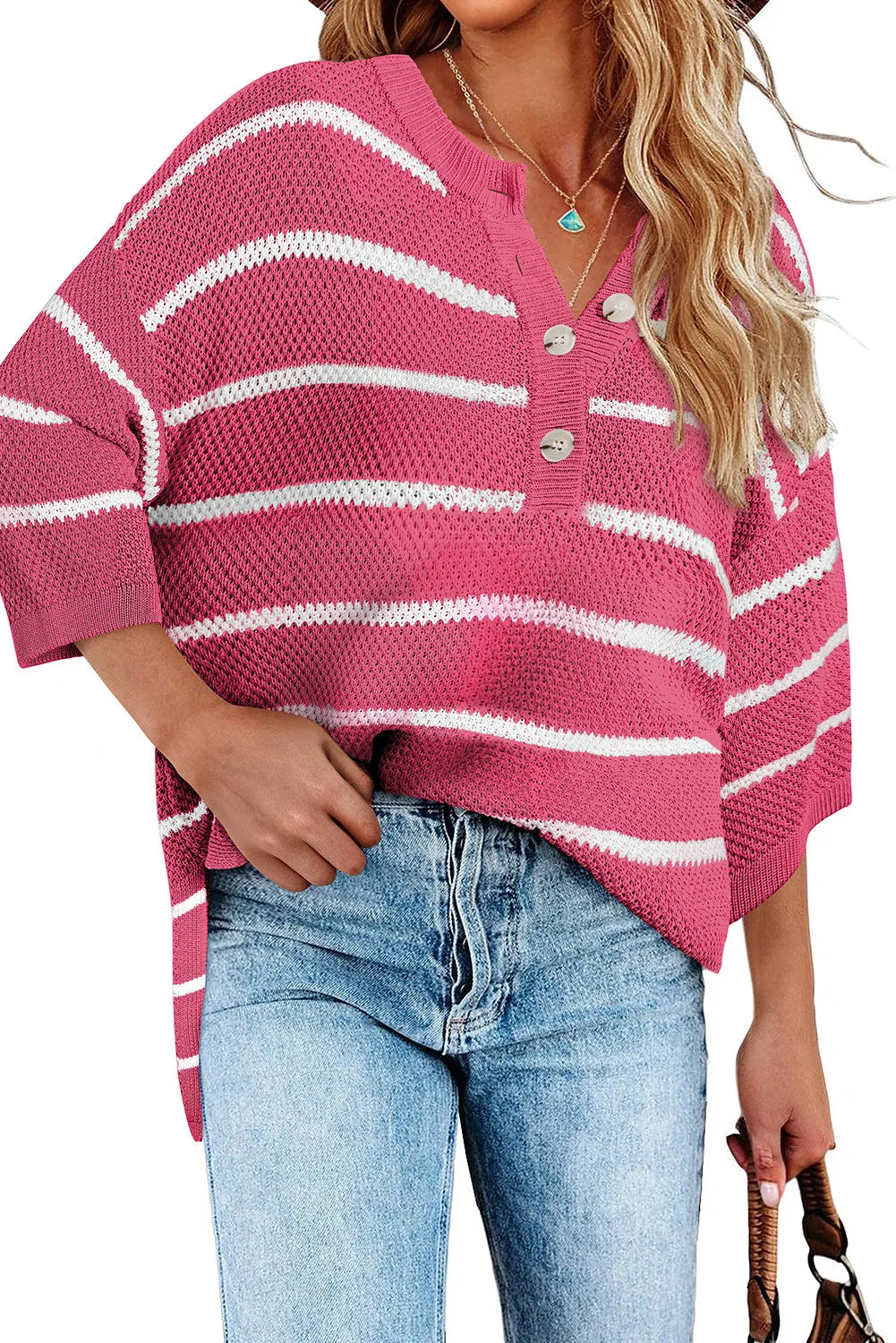 Womens Striped Button Down V Neck Sweaters Tops