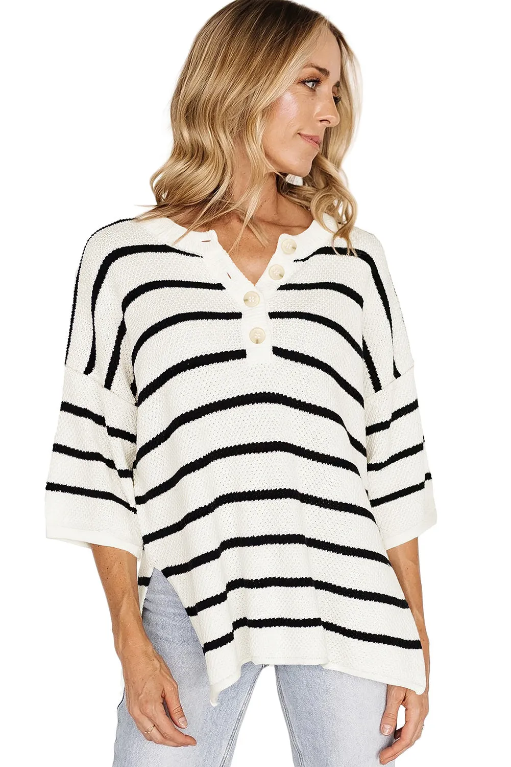 Womens Striped Button Down V Neck Sweaters Tops