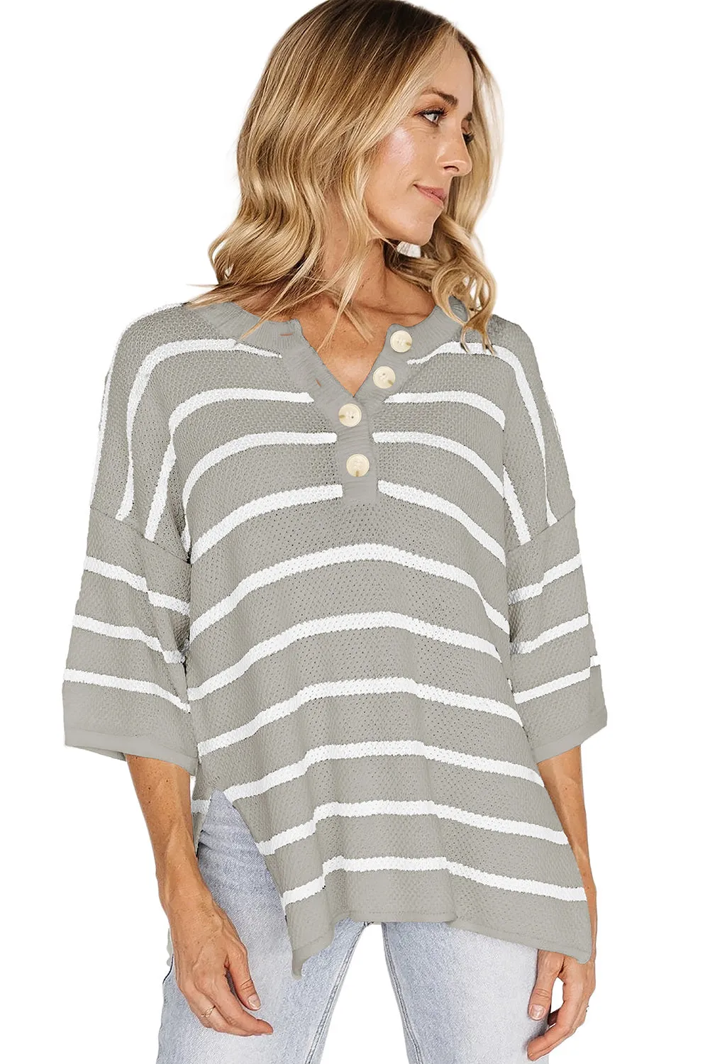 Womens Striped Button Down V Neck Sweaters Tops