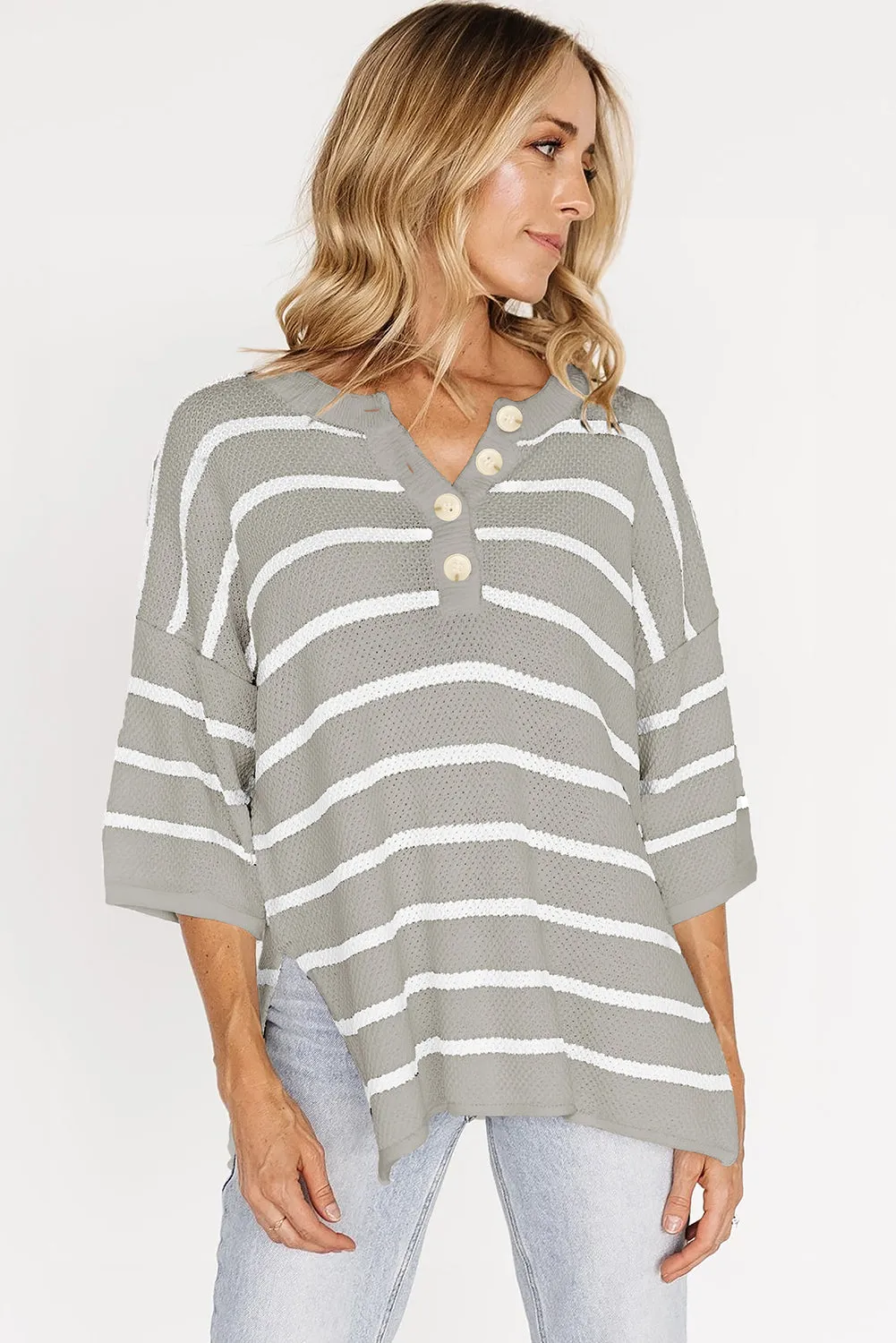 Womens Striped Button Down V Neck Sweaters Tops