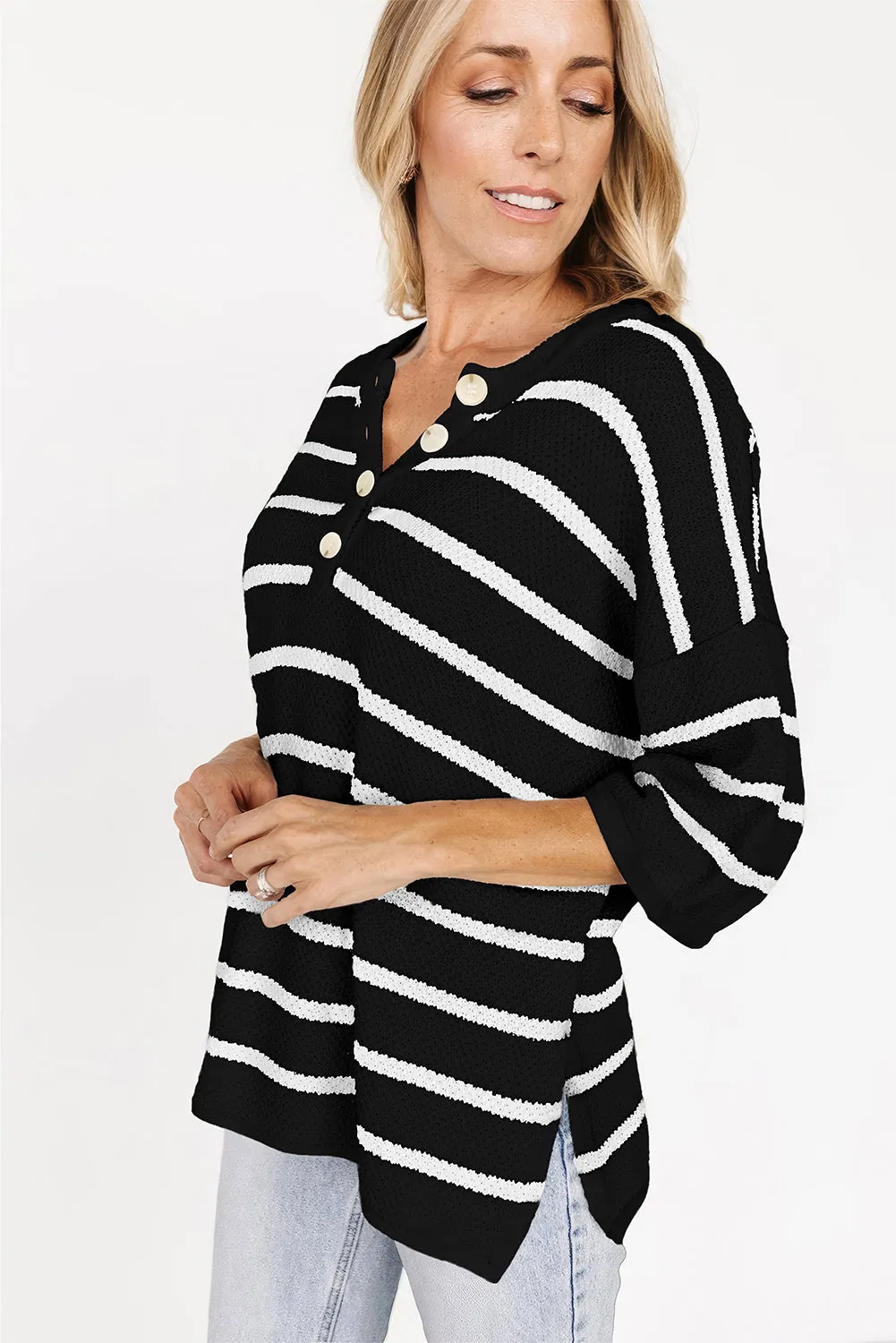 Womens Striped Button Down V Neck Sweaters Tops