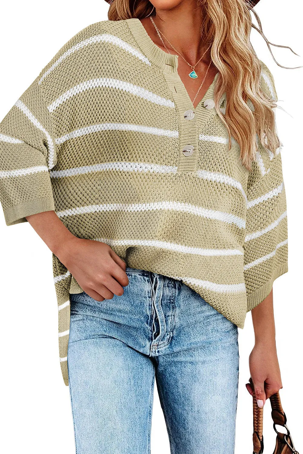 Womens Striped Button Down V Neck Sweaters Tops