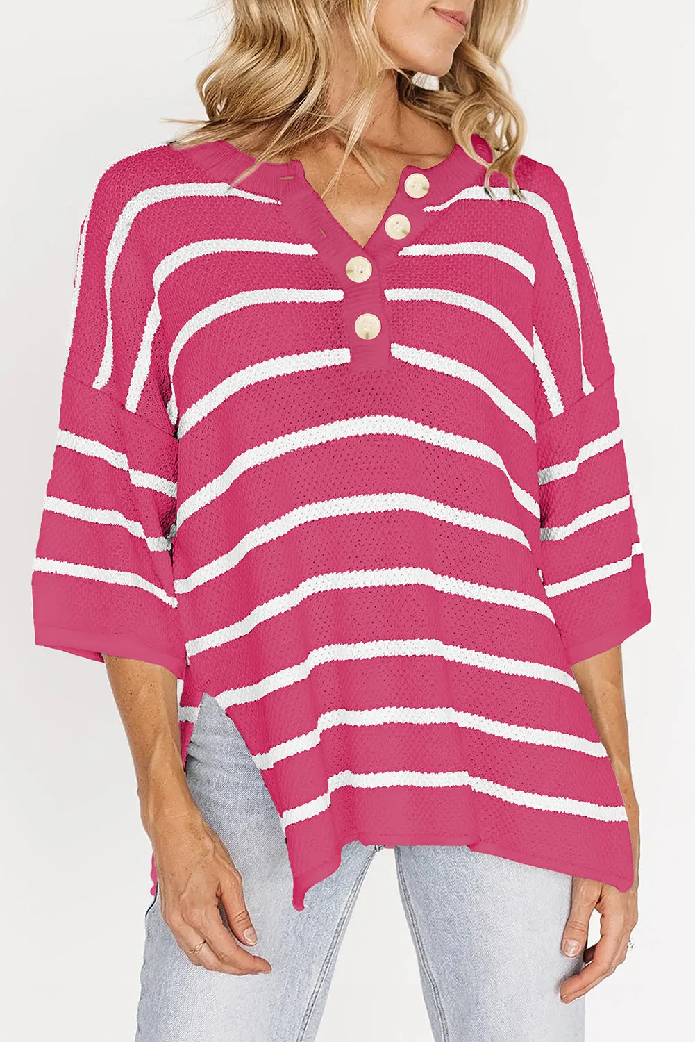 Womens Striped Button Down V Neck Sweaters Tops