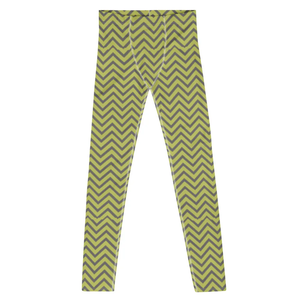 Yellow Grey Chevron Men's Leggings, Retro Style Meggings Compression Tights For Men-Made in USA/EU