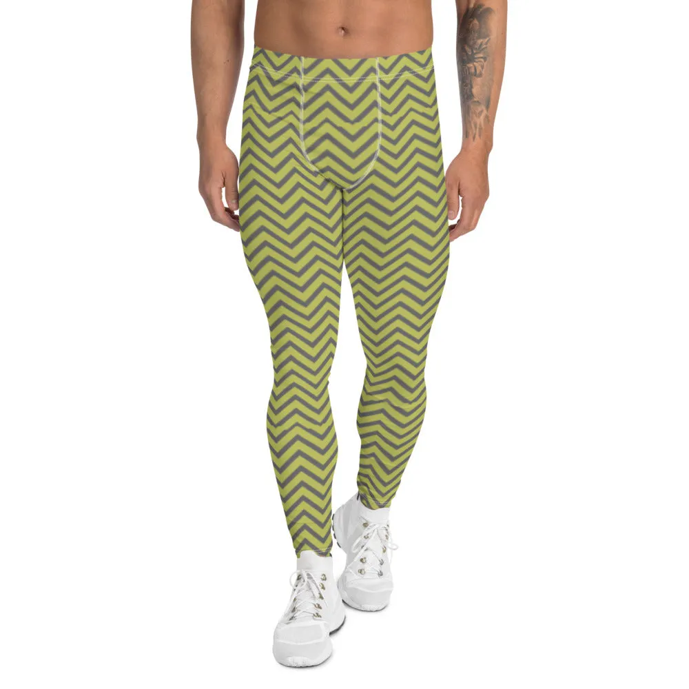 Yellow Grey Chevron Men's Leggings, Retro Style Meggings Compression Tights For Men-Made in USA/EU