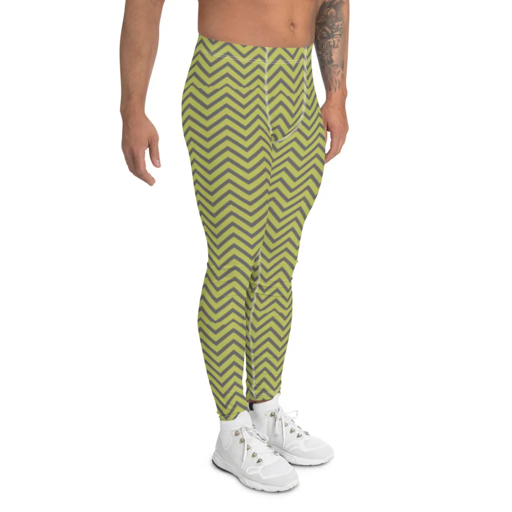 Yellow Grey Chevron Men's Leggings, Retro Style Meggings Compression Tights For Men-Made in USA/EU