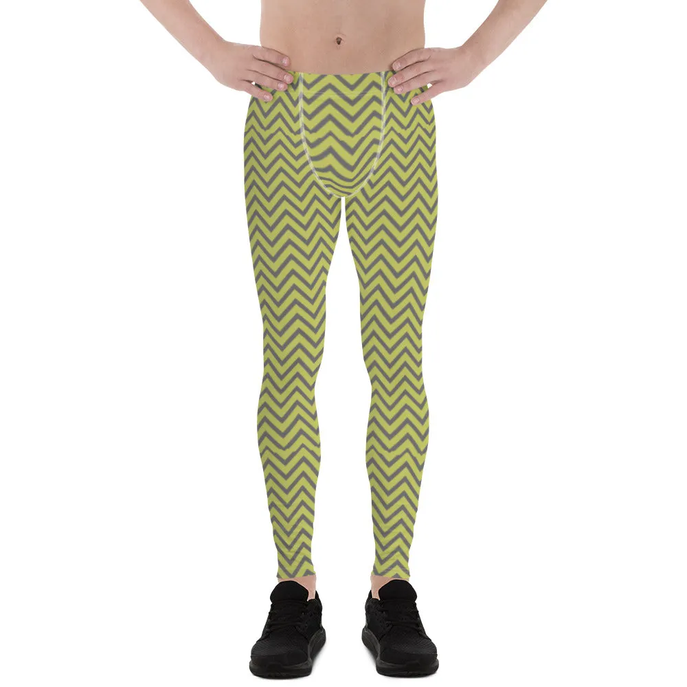 Yellow Grey Chevron Men's Leggings, Retro Style Meggings Compression Tights For Men-Made in USA/EU