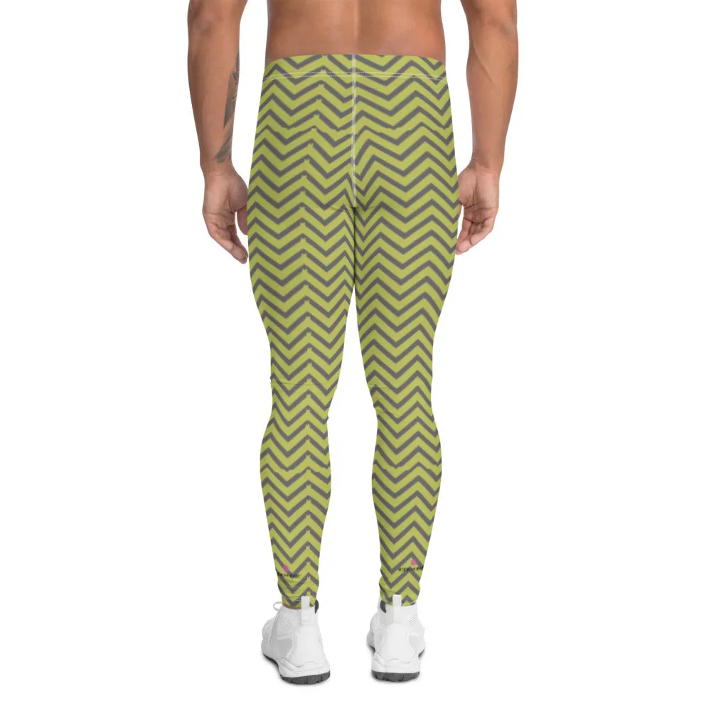 Yellow Grey Chevron Men's Leggings, Retro Style Meggings Compression Tights For Men-Made in USA/EU