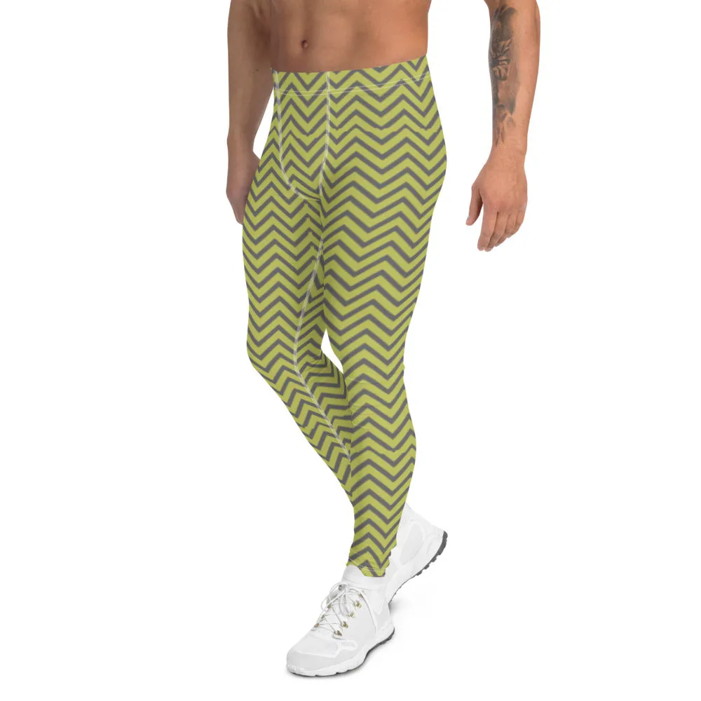 Yellow Grey Chevron Men's Leggings, Retro Style Meggings Compression Tights For Men-Made in USA/EU