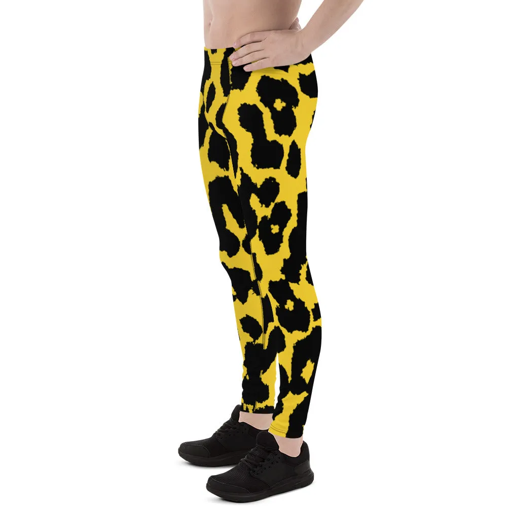 Yellow Leopard Print Men's Leggings, Leopard Animal Print Best Premium Running Tights For Men - Made in USA/EU/MX