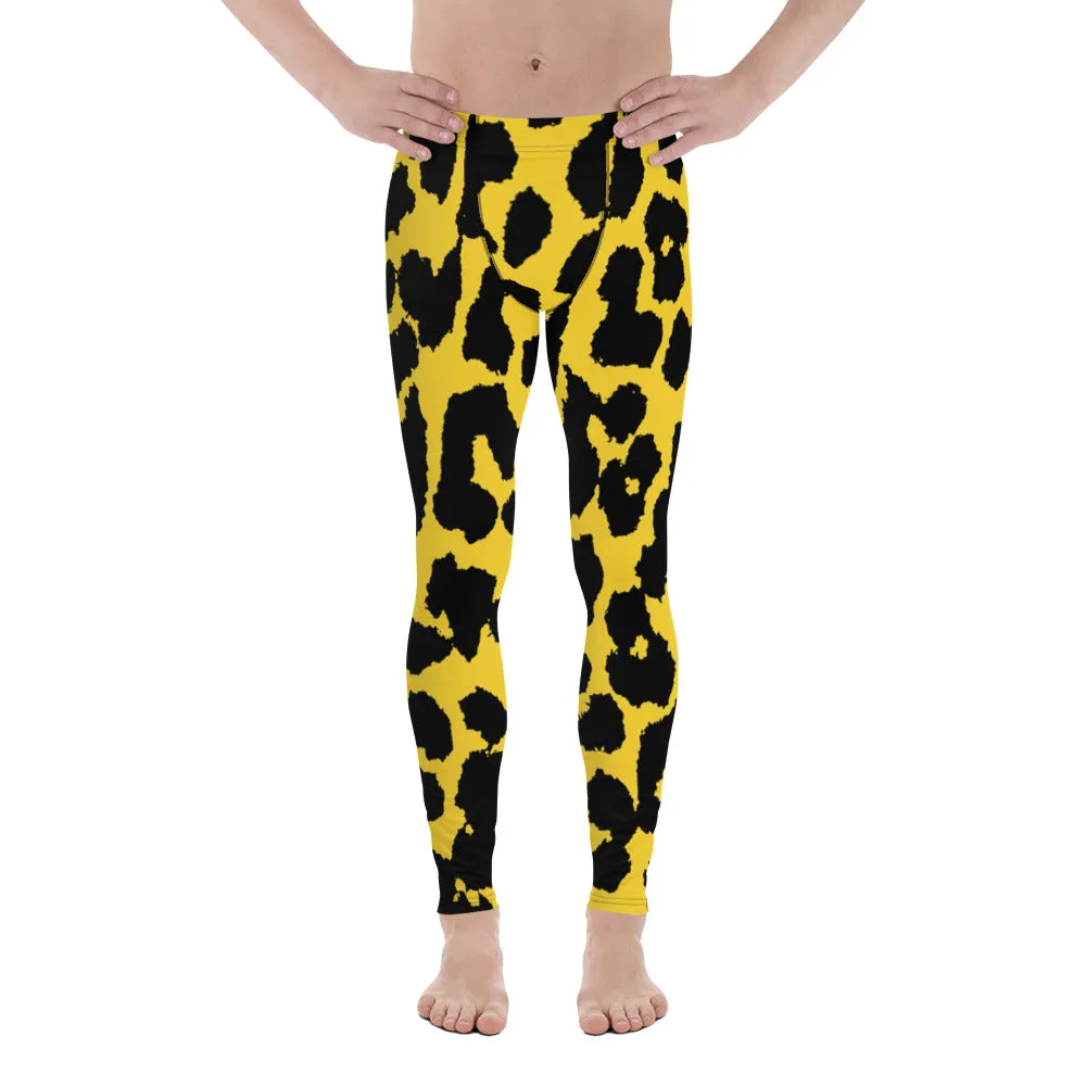 Yellow Leopard Print Men's Leggings, Leopard Animal Print Best Premium Running Tights For Men - Made in USA/EU/MX