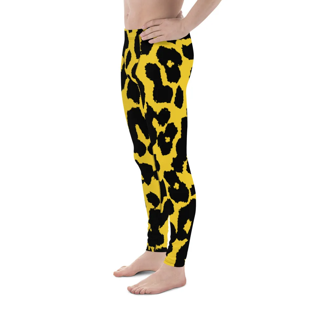 Yellow Leopard Print Men's Leggings, Leopard Animal Print Best Premium Running Tights For Men - Made in USA/EU/MX