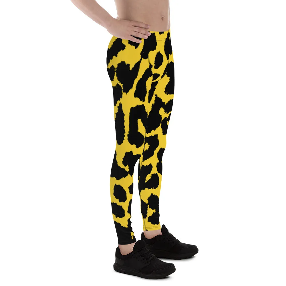 Yellow Leopard Print Men's Leggings, Leopard Animal Print Best Premium Running Tights For Men - Made in USA/EU/MX