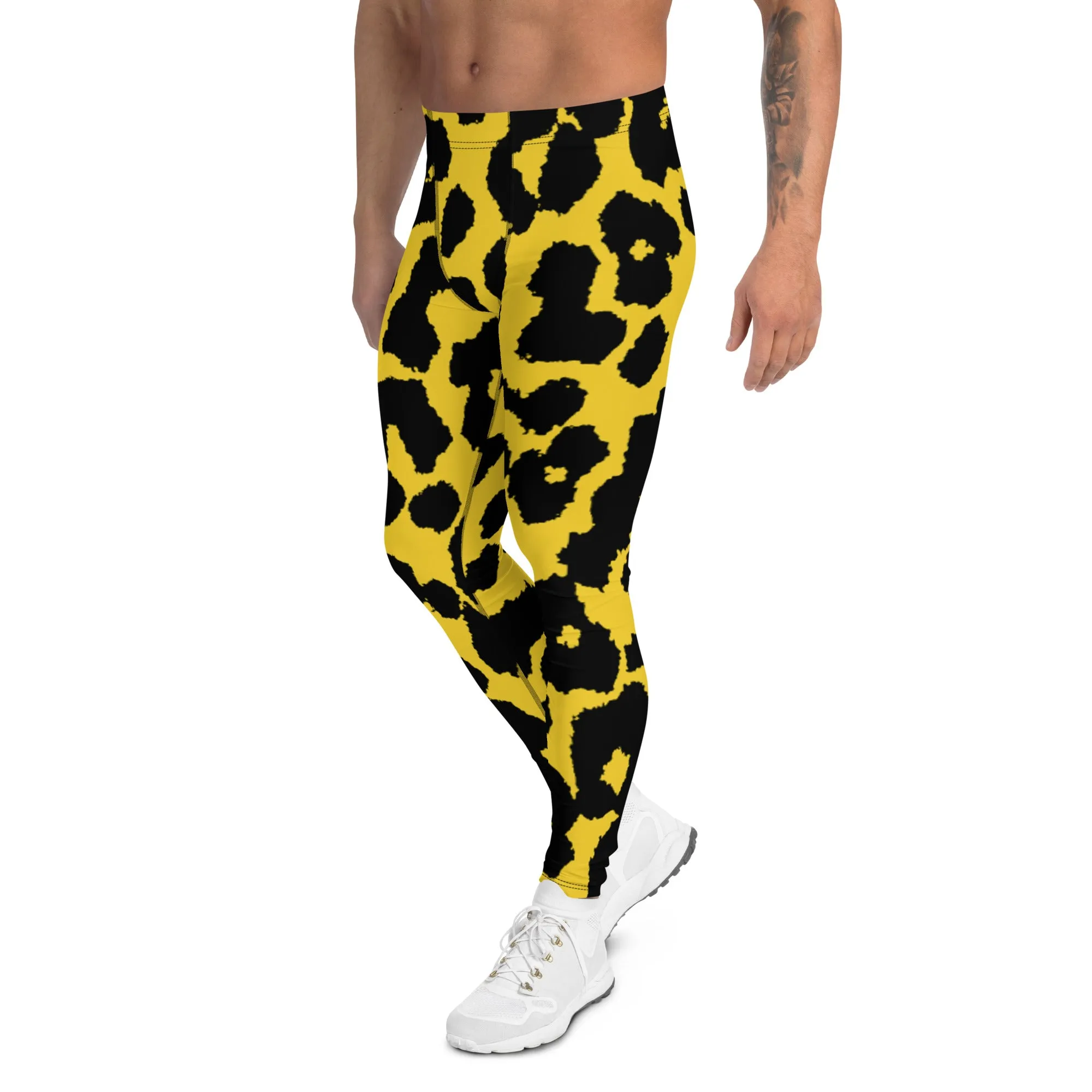 Yellow Leopard Print Men's Leggings, Leopard Animal Print Best Premium Running Tights For Men - Made in USA/EU/MX