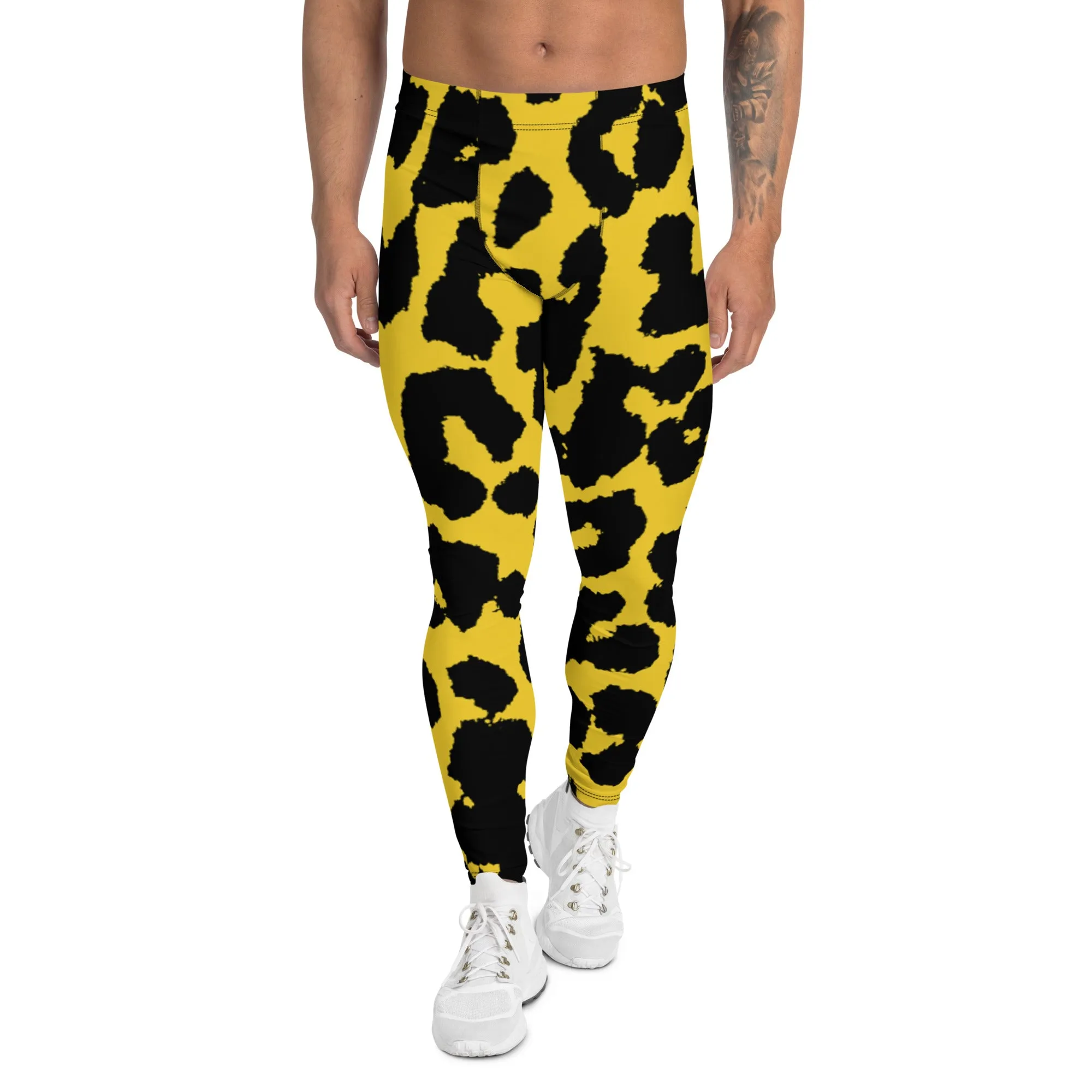 Yellow Leopard Print Men's Leggings, Leopard Animal Print Best Premium Running Tights For Men - Made in USA/EU/MX