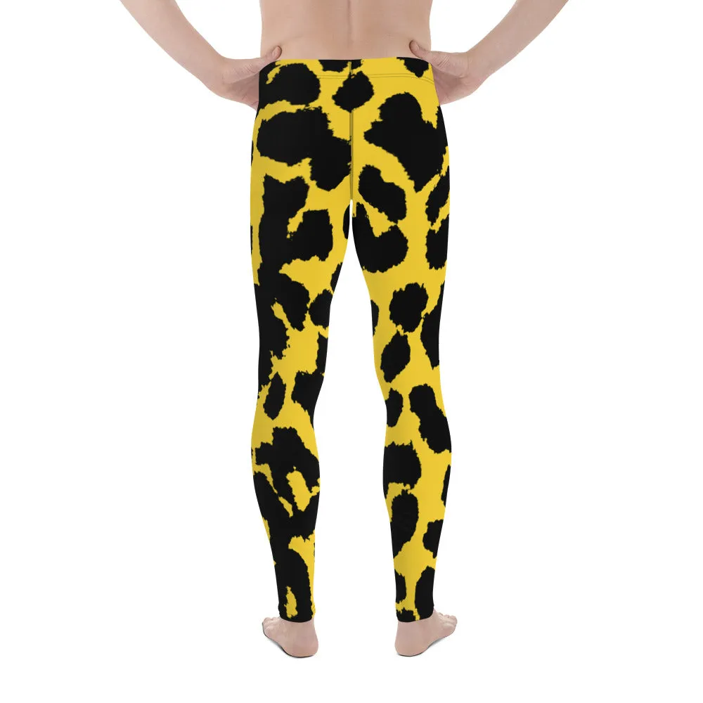 Yellow Leopard Print Men's Leggings, Leopard Animal Print Best Premium Running Tights For Men - Made in USA/EU/MX