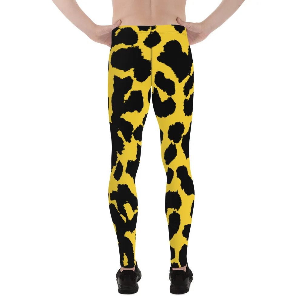 Yellow Leopard Print Men's Leggings, Leopard Animal Print Best Premium Running Tights For Men - Made in USA/EU/MX