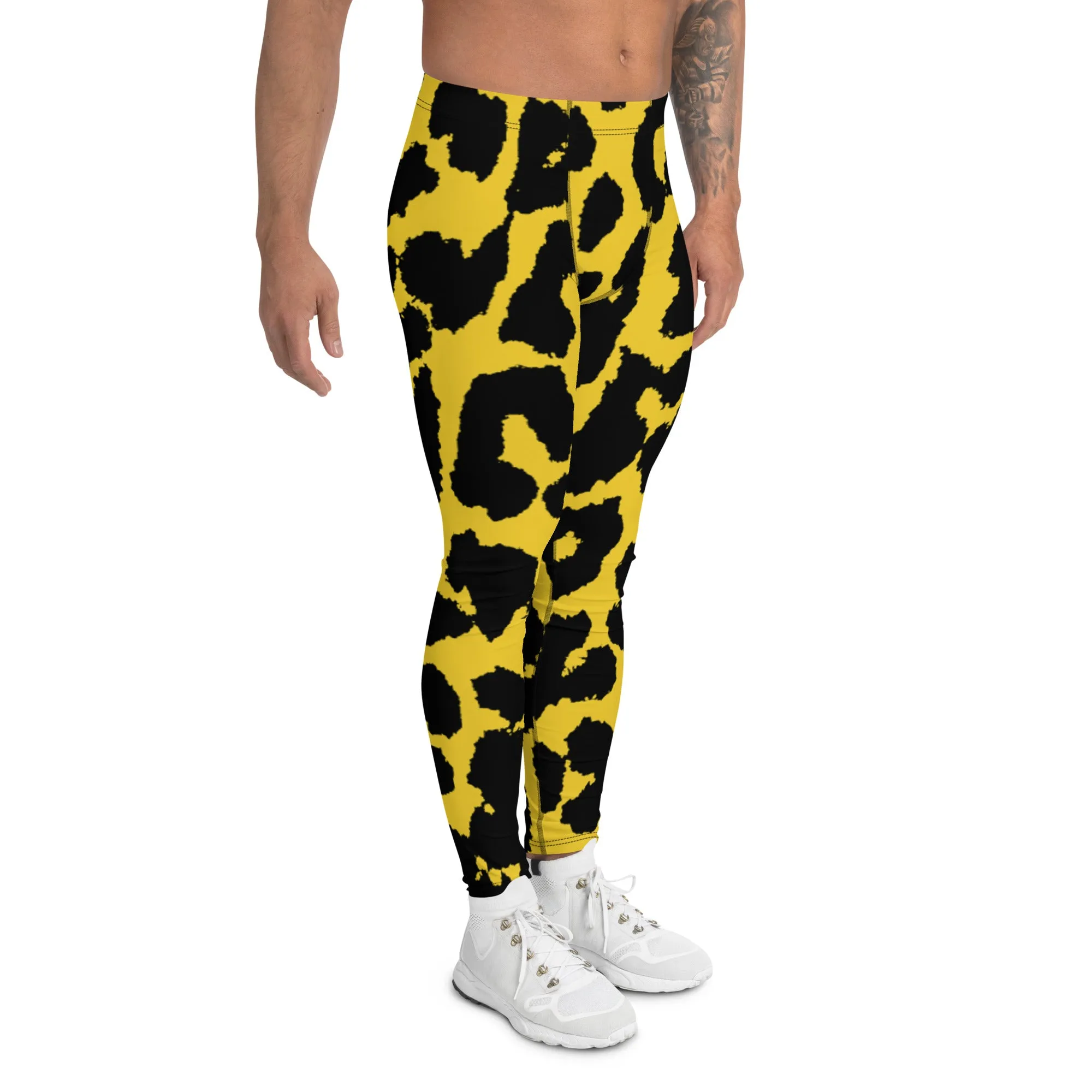 Yellow Leopard Print Men's Leggings, Leopard Animal Print Best Premium Running Tights For Men - Made in USA/EU/MX