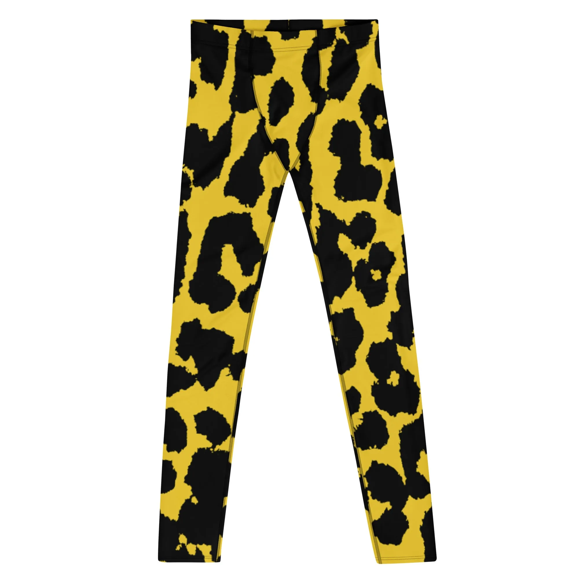 Yellow Leopard Print Men's Leggings, Leopard Animal Print Best Premium Running Tights For Men - Made in USA/EU/MX