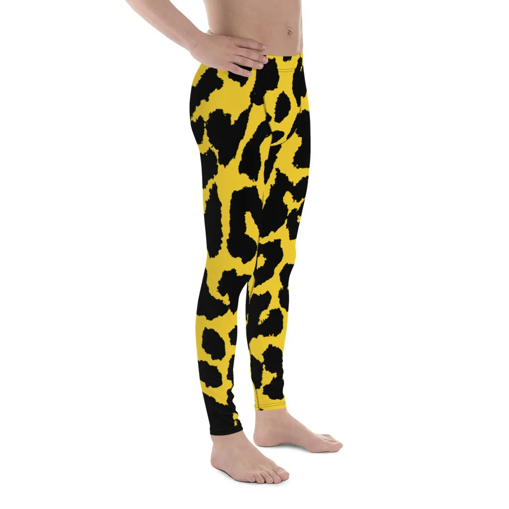 Yellow Leopard Print Men's Leggings, Leopard Animal Print Best Premium Running Tights For Men - Made in USA/EU/MX