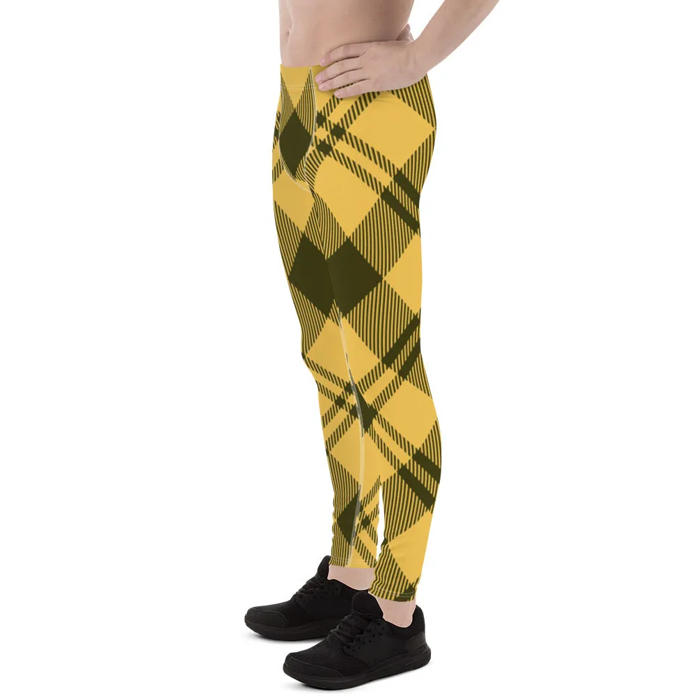 Yellow Plaid Print Men's Leggings, Plaid Print Classic Designer Men's Leggings - Made in USA/EU/MX