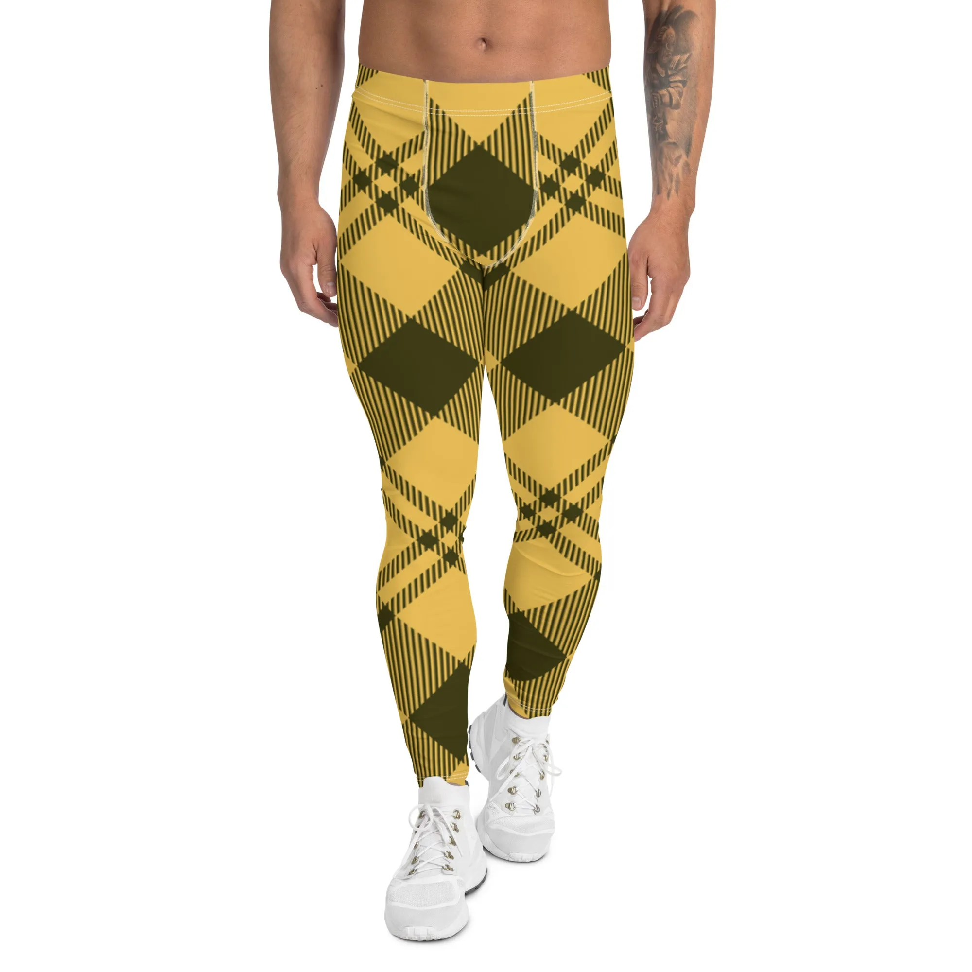 Yellow Plaid Print Men's Leggings, Plaid Print Classic Designer Men's Leggings - Made in USA/EU/MX