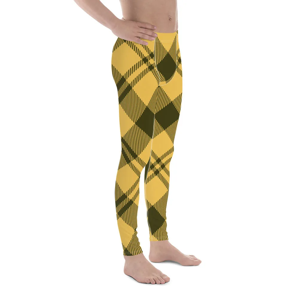 Yellow Plaid Print Men's Leggings, Plaid Print Classic Designer Men's Leggings - Made in USA/EU/MX