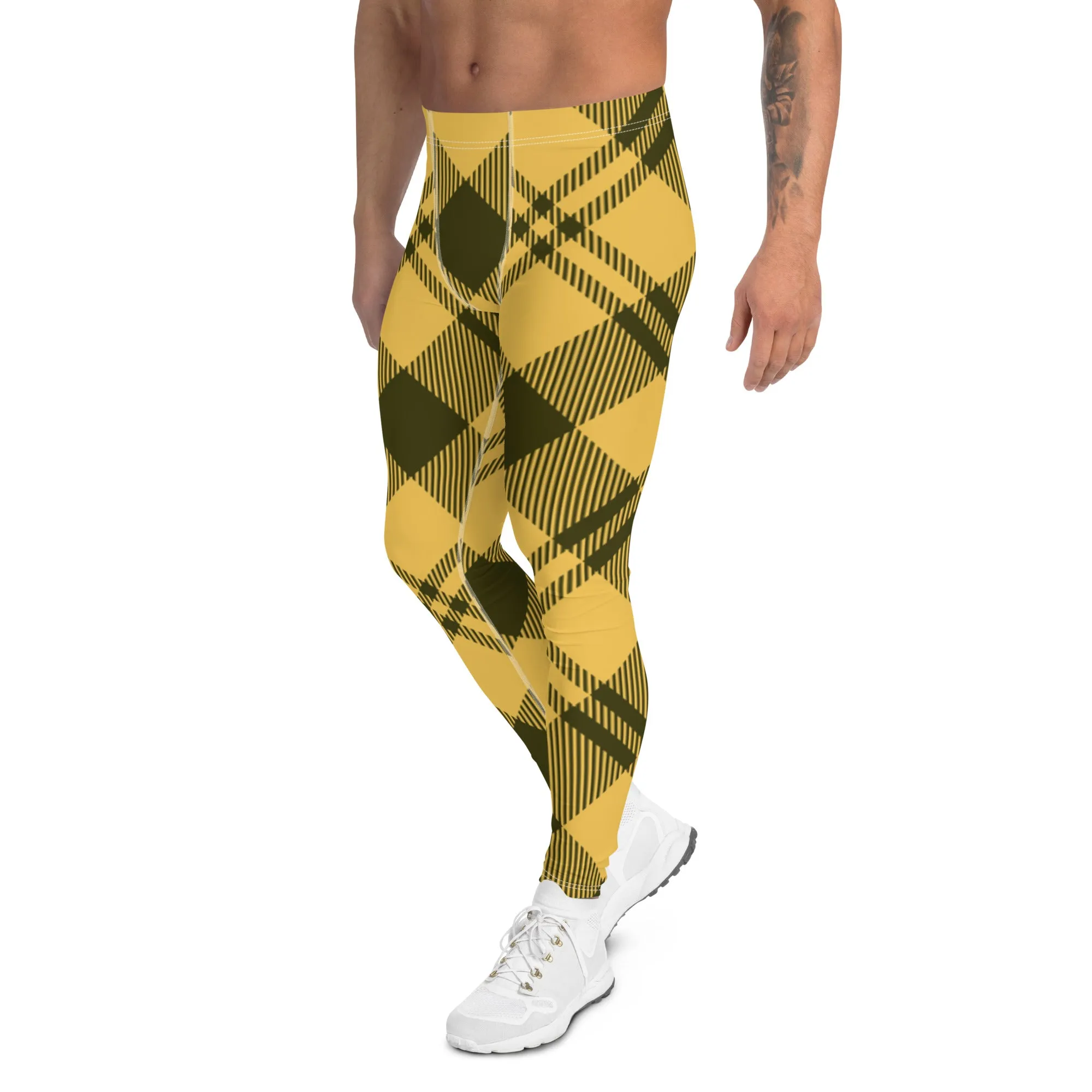 Yellow Plaid Print Men's Leggings, Plaid Print Classic Designer Men's Leggings - Made in USA/EU/MX