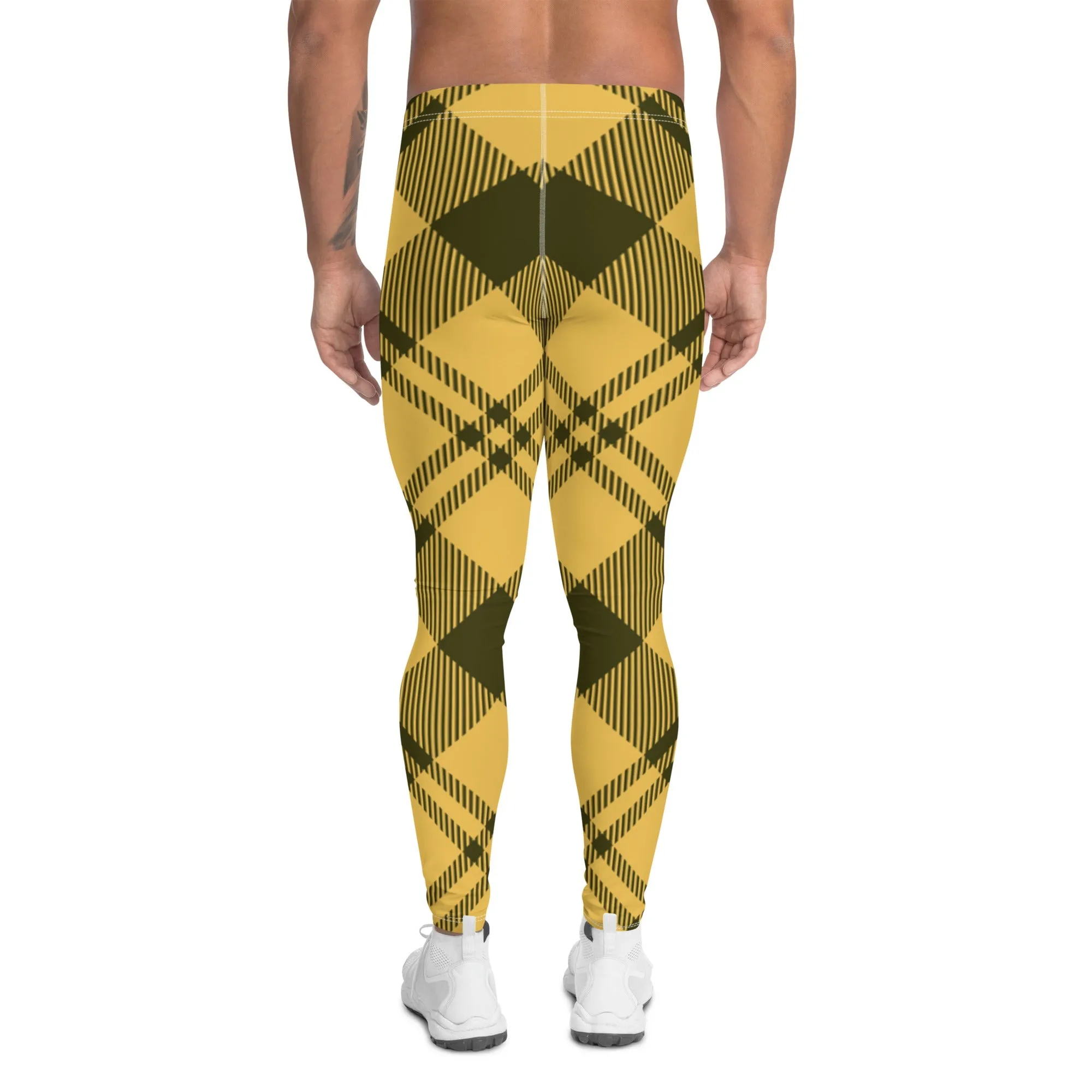 Yellow Plaid Print Men's Leggings, Plaid Print Classic Designer Men's Leggings - Made in USA/EU/MX