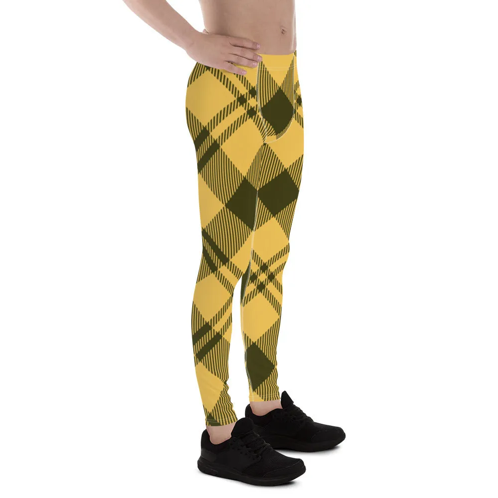 Yellow Plaid Print Men's Leggings, Plaid Print Classic Designer Men's Leggings - Made in USA/EU/MX