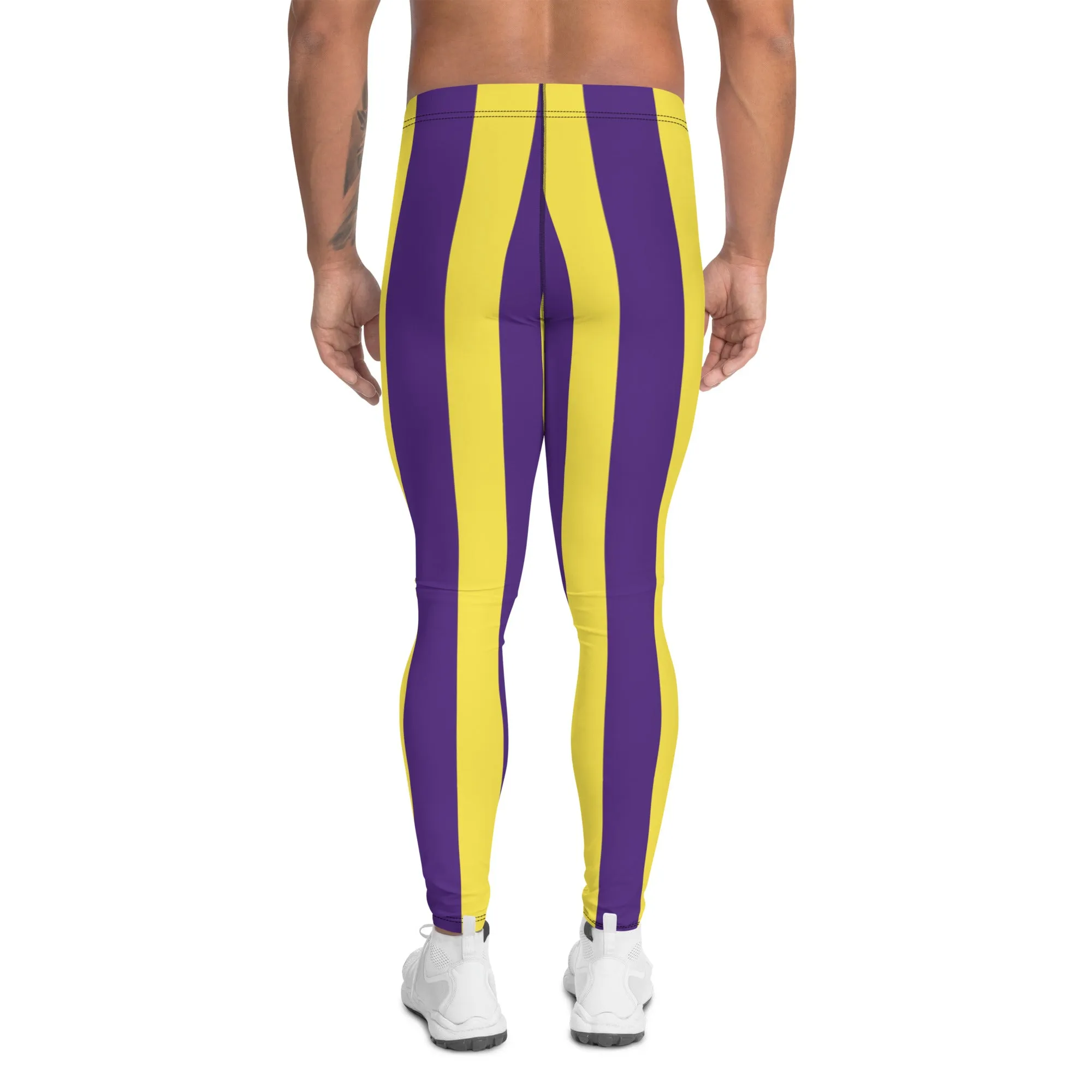 Yellow Purple Striped Men's Leggings, Vertical Striped Meggings Compression Tights For Men- Made in USA/EU/MX