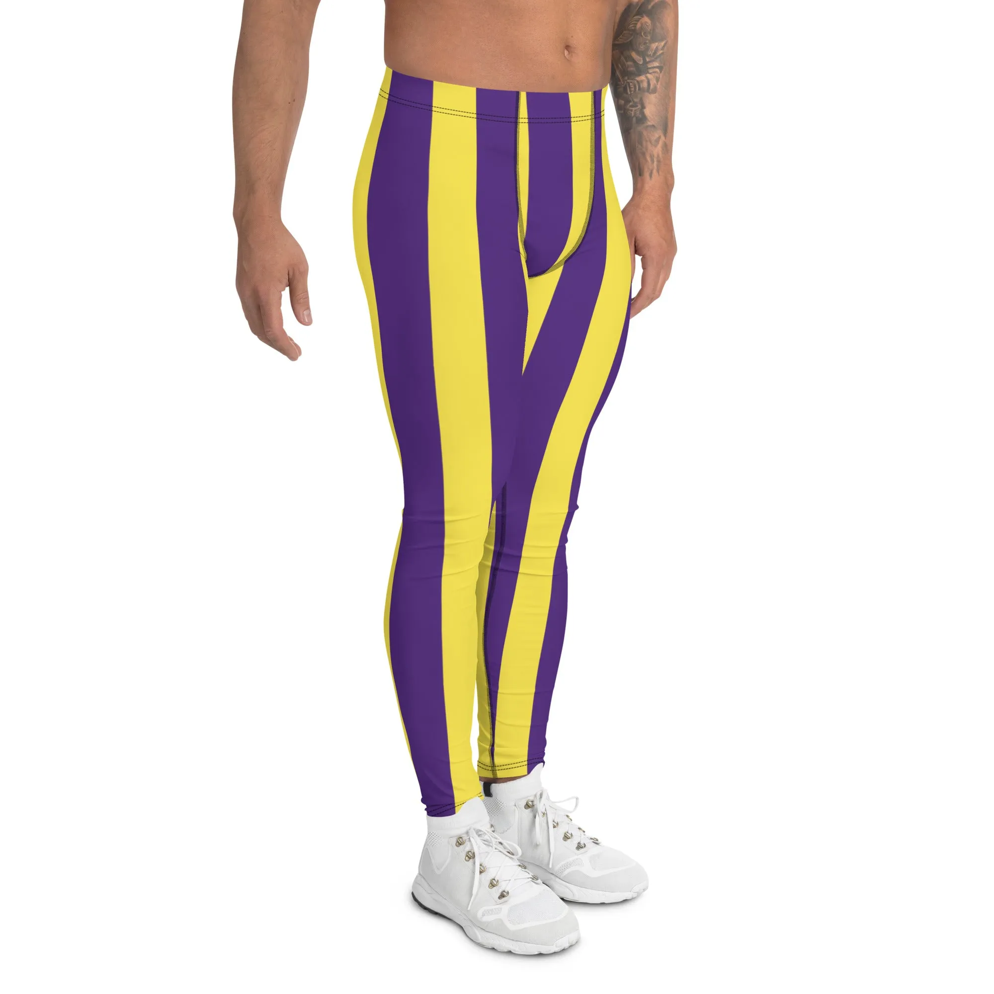 Yellow Purple Striped Men's Leggings, Vertical Striped Meggings Compression Tights For Men- Made in USA/EU/MX